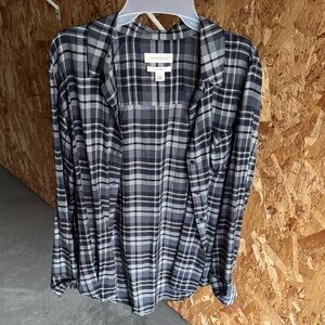 Blue, Black, Grey and White Plaid Button-Up Blouse